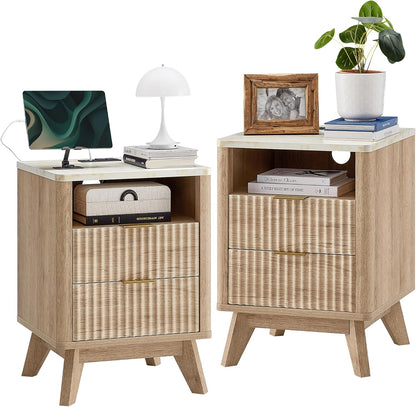 T4TREAM Fluted Nightstand Set of 2 with Charging Station, 18" Modern Side Table with Faux Marble