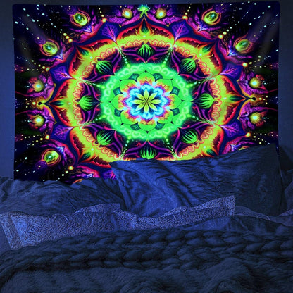Blacklight Mandala Tapestry for Bedroom, Psychedelic Flower Black Light Posters for Adults and