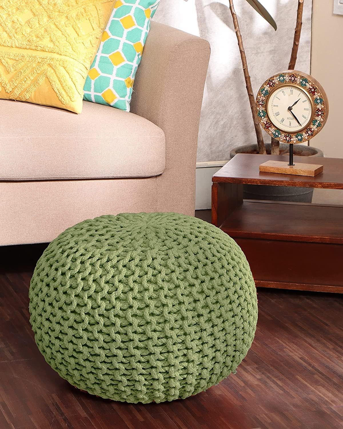 REDEARTH Round Pouf Foot Stool Ottoman - Cotton Knitted Cord Boho Pouffe - Cable Poof Filled