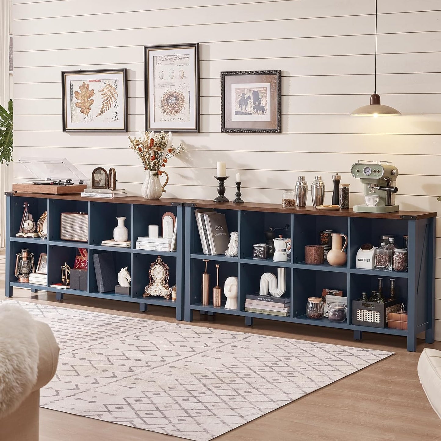 8 Cube Book Shelf, Farmhouse Wood Long Storage Organizer Bookcase, 62" Horizontal Navy Blue Console