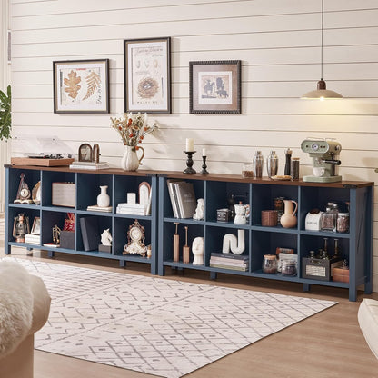 8 Cube Book Shelf, Farmhouse Wood Long Storage Organizer Bookcase, 62" Horizontal Navy Blue Console