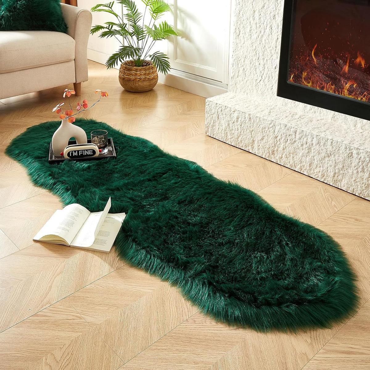 AMTOVO Faux Sheepskin Rug, Dark Green Ultra Soft Fluffy Shag Area Rug, 2 x 6 ft Faux Fur Rug for