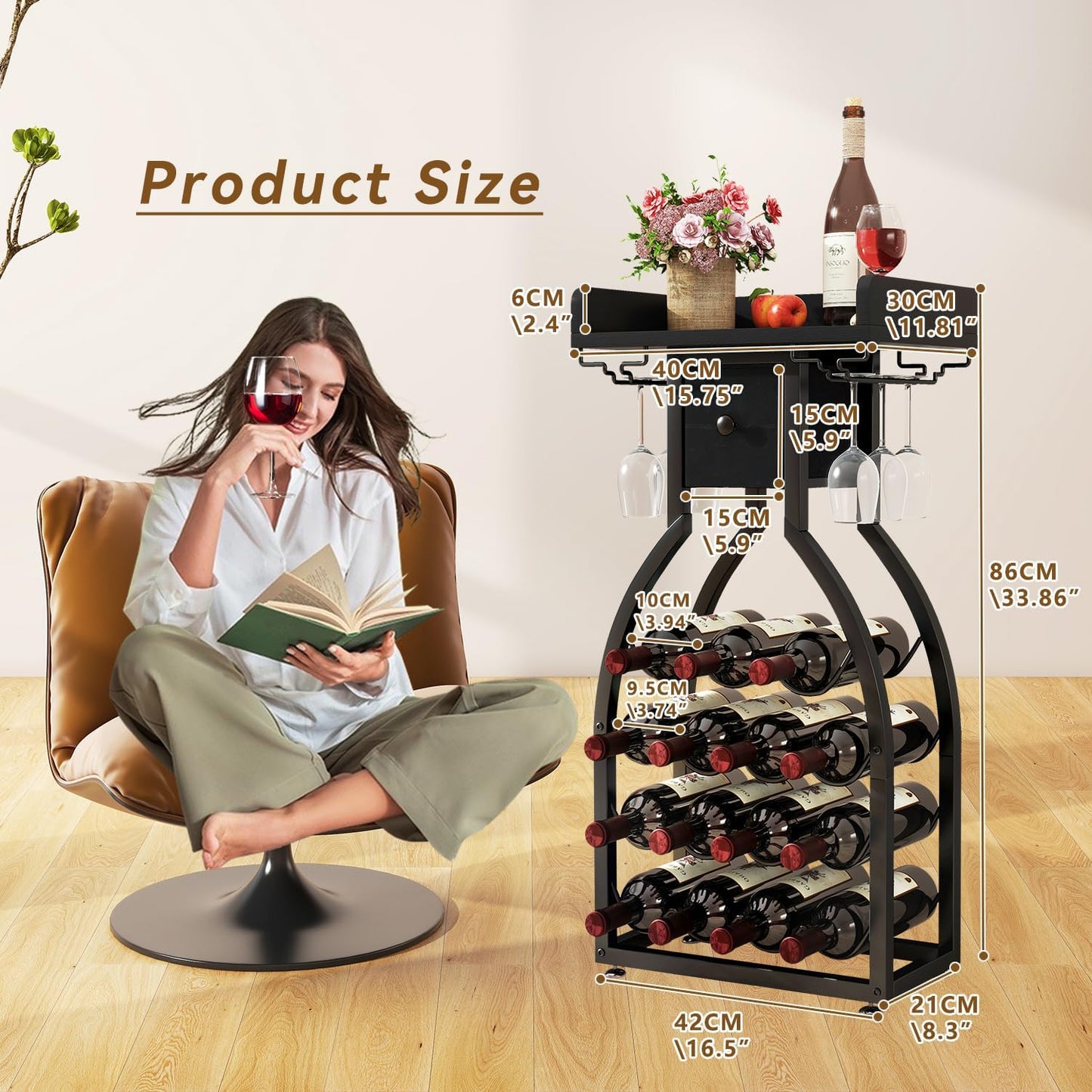 IBUYKE Wine Rack Freestanding Floor,Wine Storage 15 Bottles Bottle Rack with Glass Holders, Mini