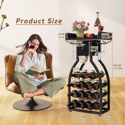 IBUYKE Wine Rack Freestanding Floor,Wine Storage 15 Bottles Bottle Rack with Glass Holders, Mini