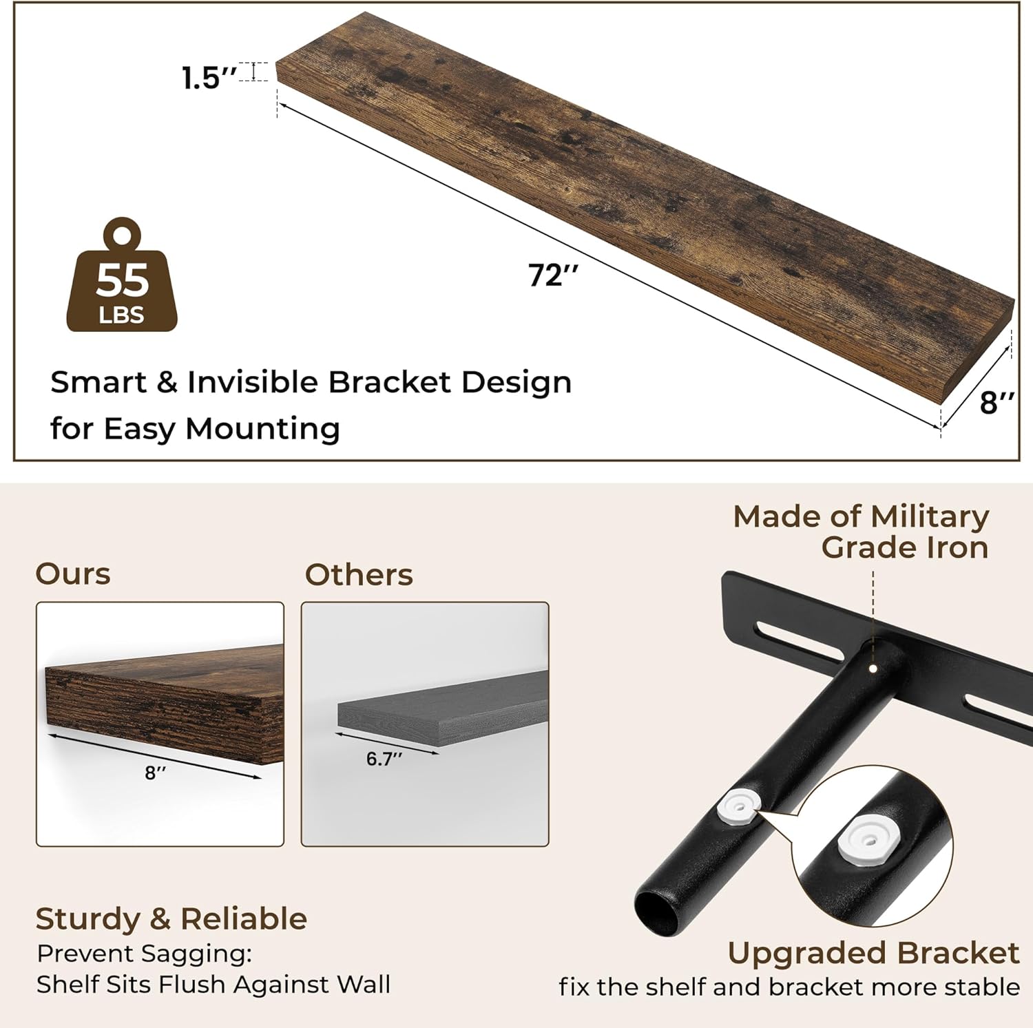 RICHFOCUS 72Inch Floating Shelves for Wall 1 Pack Shelves for Bedroom|Kitchen|Bathroom Wall Mounted