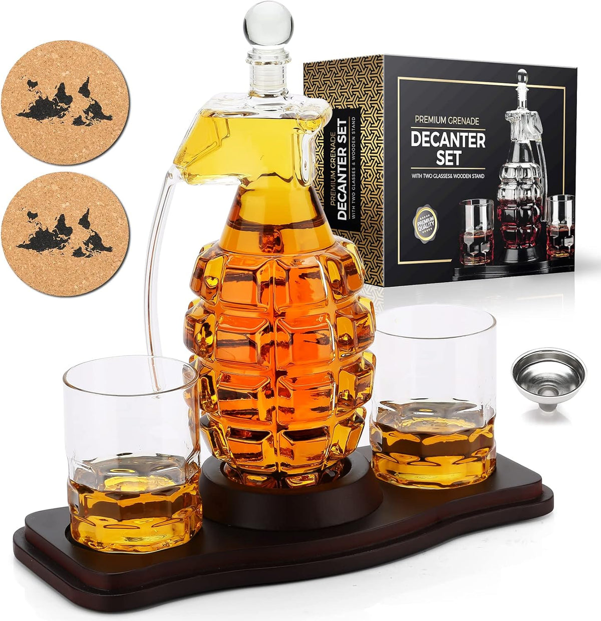 Whiskey Decanter Set Grenade Shaped Liquor Decanter Set with 2 Glasses - Scotch Bourbon Drinking