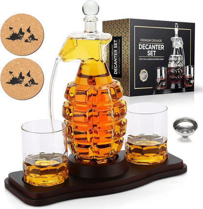 Whiskey Decanter Set Grenade Shaped Liquor Decanter Set with 2 Glasses - Scotch Bourbon Drinking