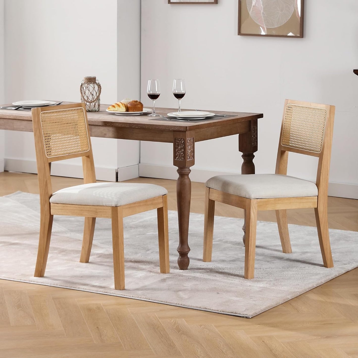 Westice Rattan Dining Chairs Set of 4, Farmhouse Natural Dining Room Chairs with Upholstered