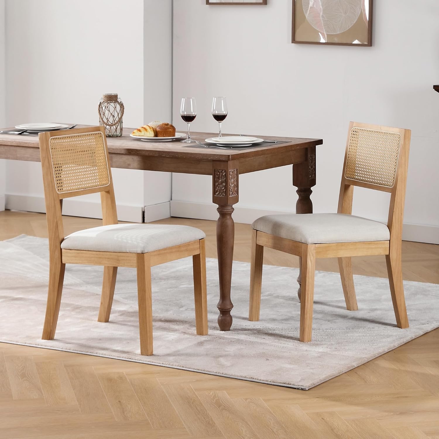 Westice Rattan Dining Chairs Set of 4, Farmhouse Natural Dining Room Chairs with Upholstered