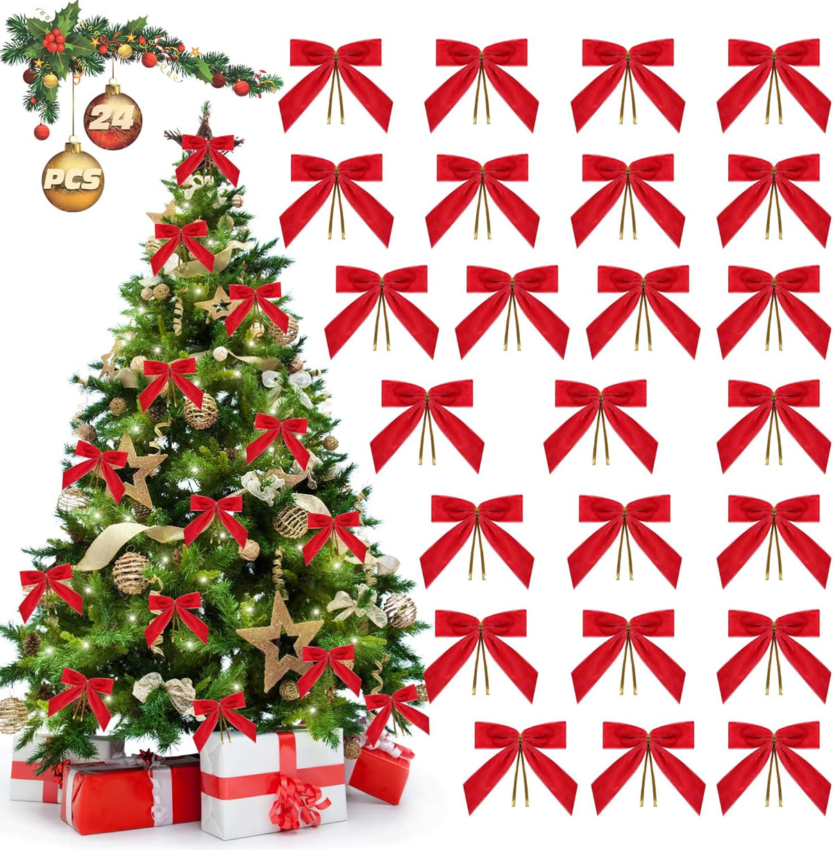 Red Velvet Bows for Christmas Tree Decorations, 24 Pcs Premium Velvet Ribbon Bows, Christmas Tree