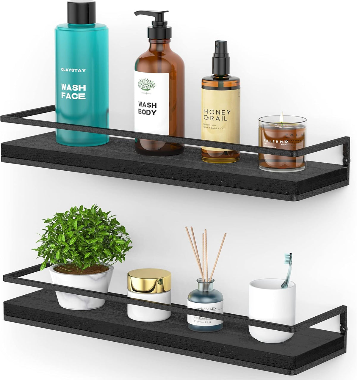 Meangood Floating Shelves Wall Mounted Set of 2, Rustic Wood Wall Storage Shelves for