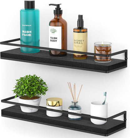 Meangood Floating Shelves Wall Mounted Set of 2, Rustic Wood Wall Storage Shelves for