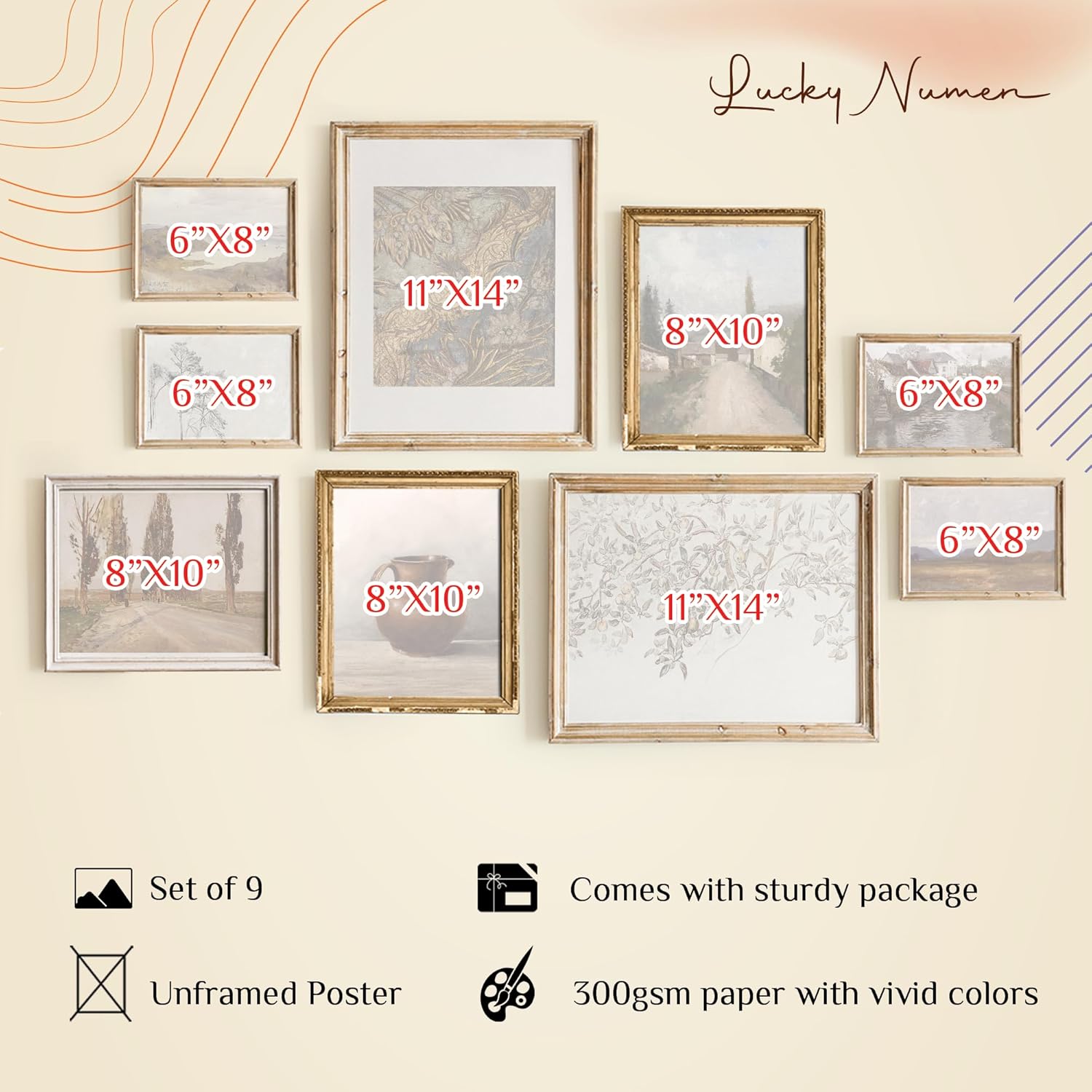 Set 9 Vintage Wall Decor French Country Gallery Wall Art - Vintage Art Wall Decor, Sketch Poster