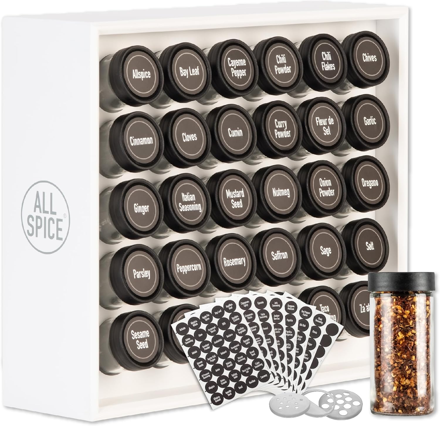 AllSpice Spice Rack Organizer, Wood, 525 Unique Labels, Countertop or Wall Mount, Includes 30 4oz