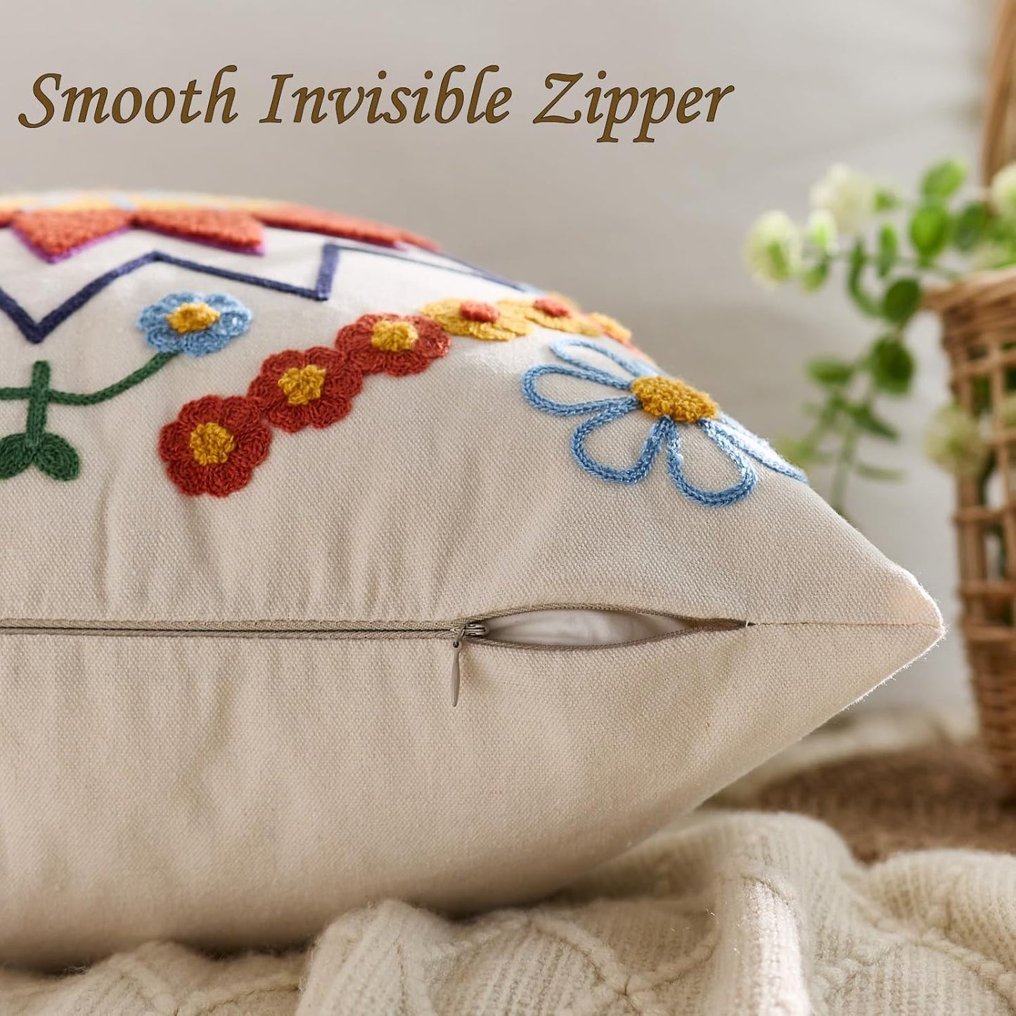 Embroidered Throw Pillow Cover 20x20 Classic Fall Boho Floral Pattern Pillows Cover Outdoor