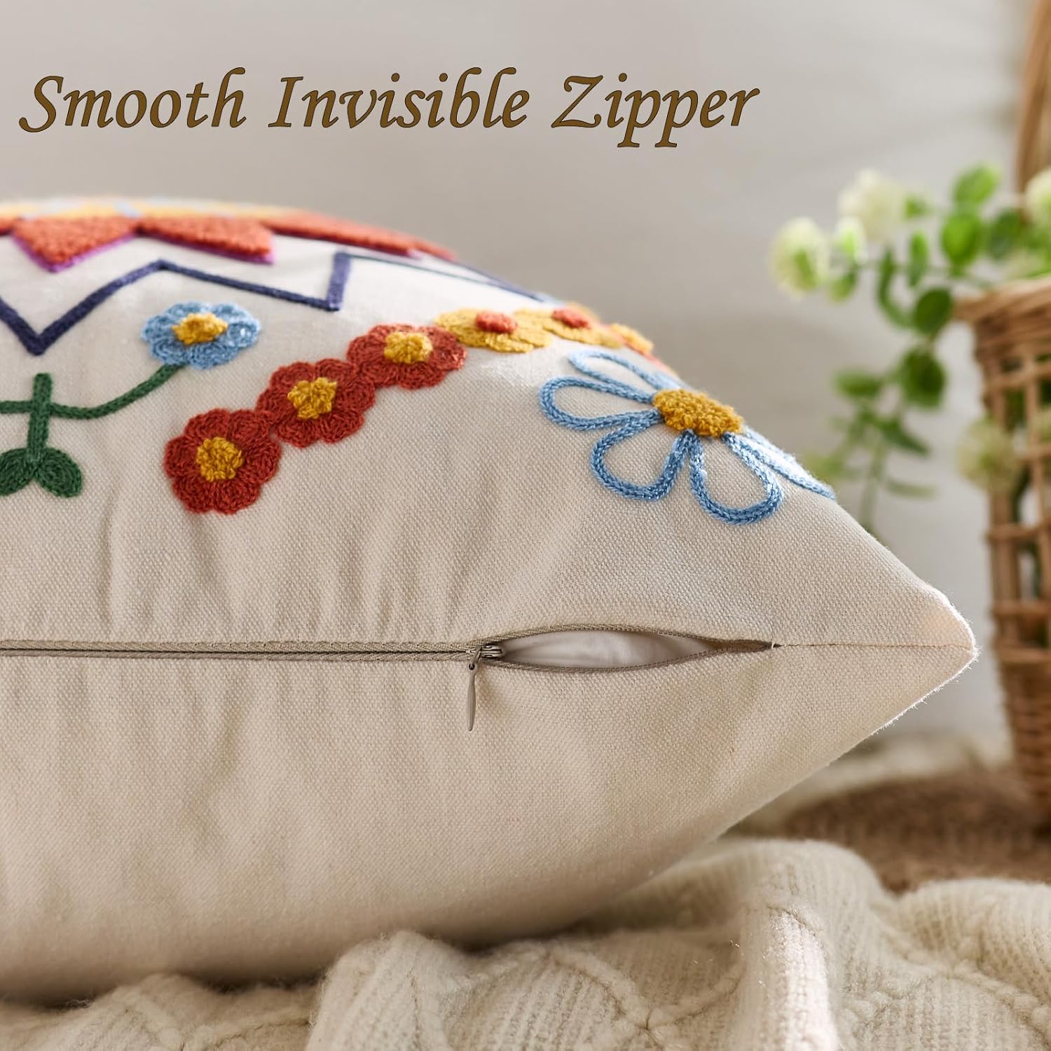Embroidered Throw Pillow Cover 20x20 Classic Fall Boho Floral Pattern Pillows Cover Outdoor