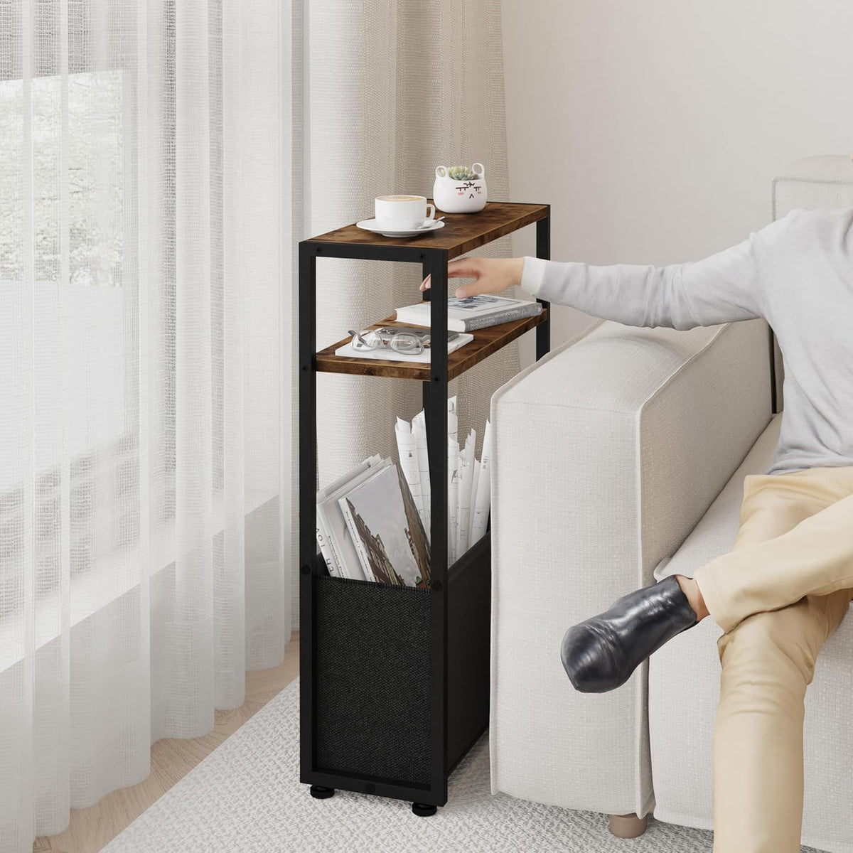 Narrow Side Table, Slim End Tables with Fabric Basket, Skinny Table for Small Spaces, Thin Bedside