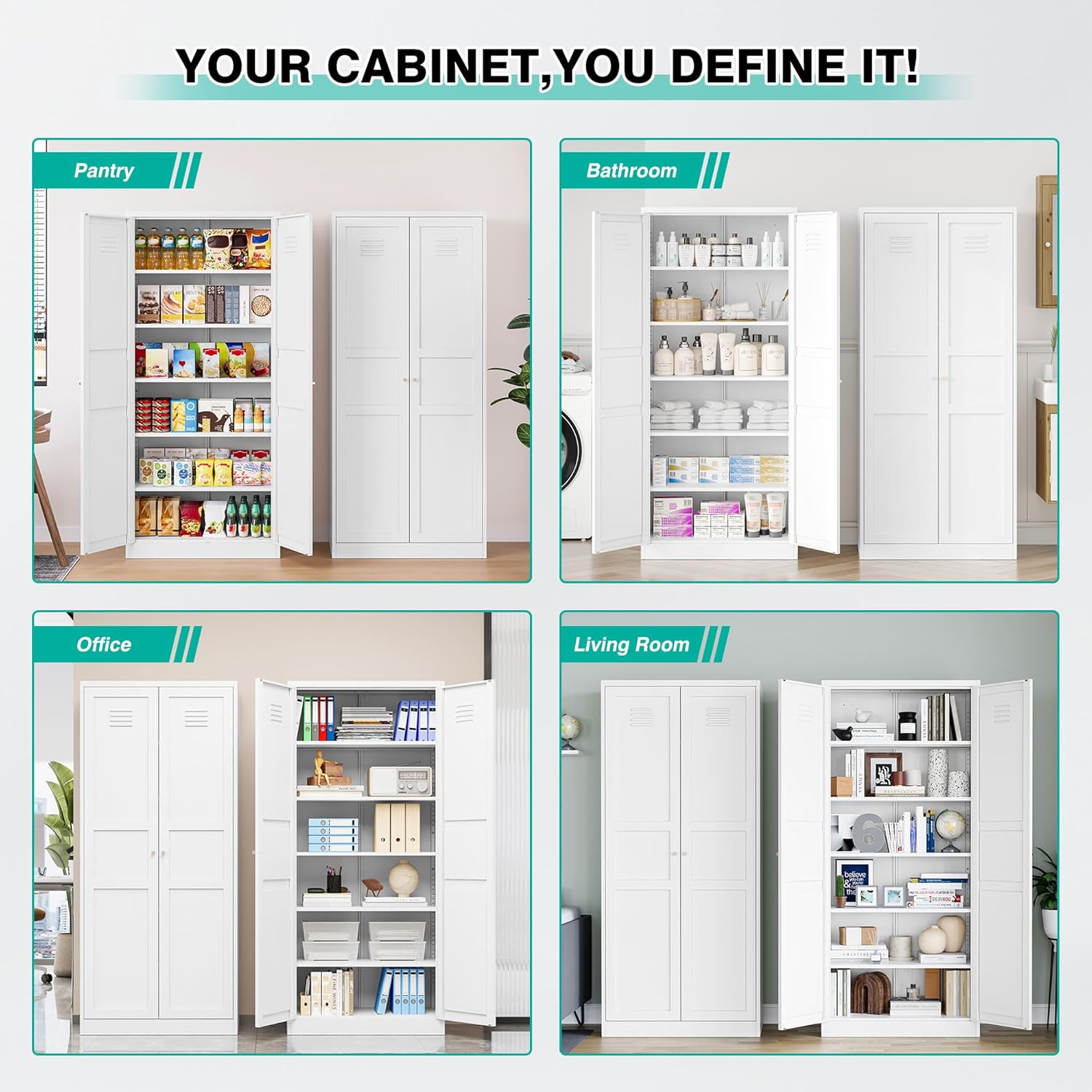 SISESOL White Metal Storage Cabinet,71" Tall Pantry Cabinet,Kitchen Pantry Storage Cabinets with 2