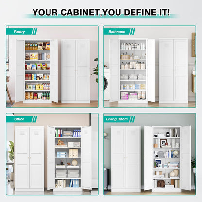 SISESOL White Metal Storage Cabinet,71" Tall Pantry Cabinet,Kitchen Pantry Storage Cabinets with 2