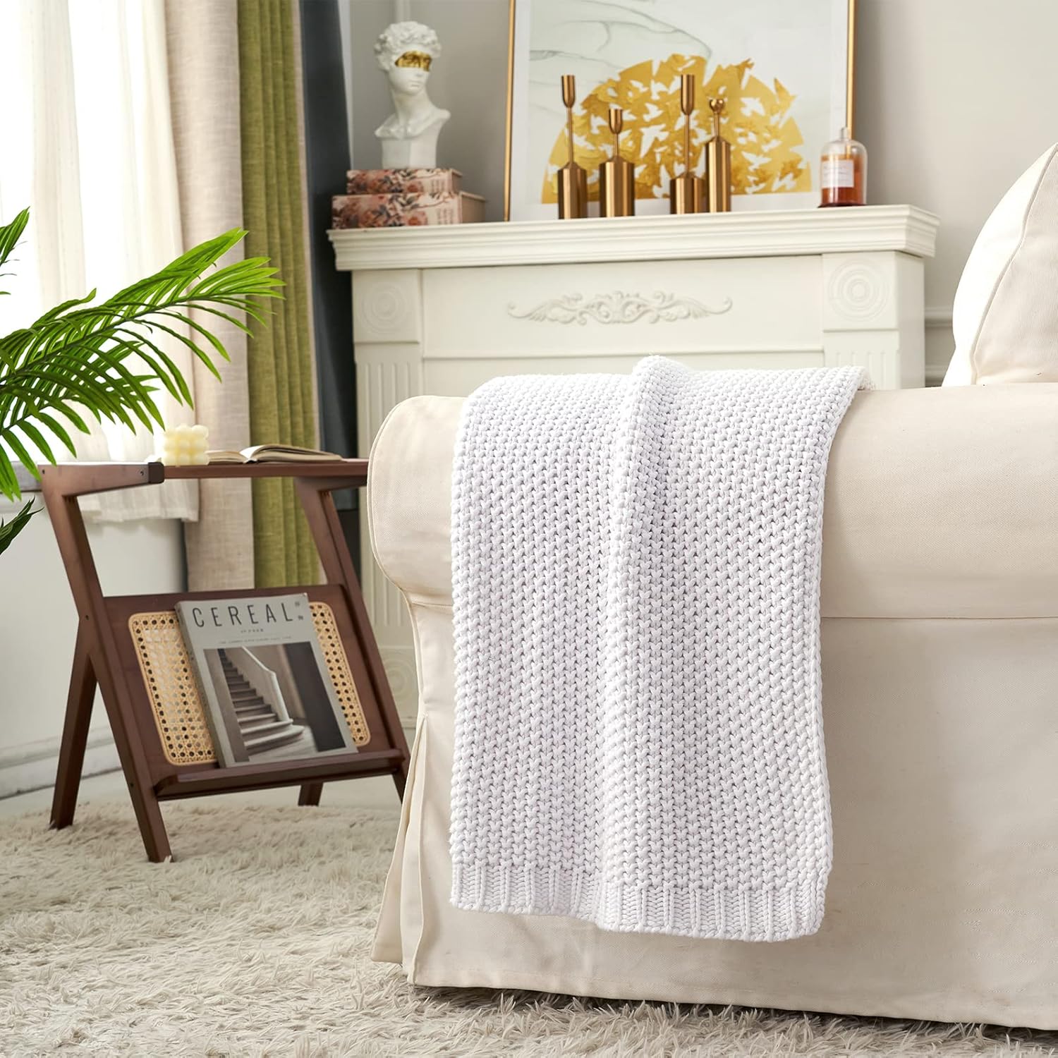Chunky Cable Knit Throw Blanket Lightweight White 100% Organic Cotton Blanket for Sofa Couch Bed