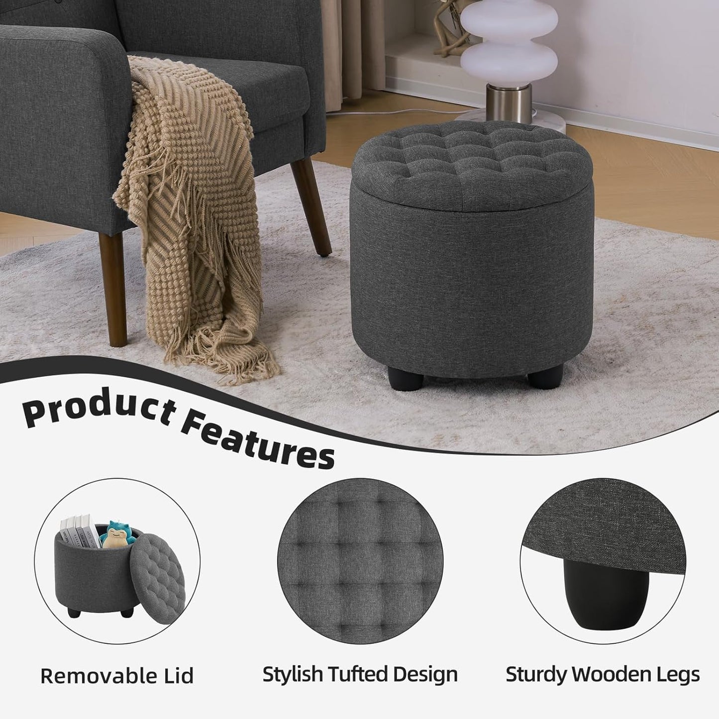 Furniliving 18.7inch Storage Round Ottoman, Footstools with Hidden Storage with Removable Lid