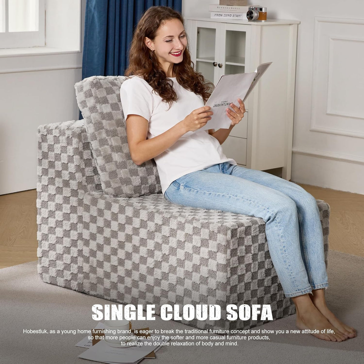 Single Sofa 1 Seat Couch with Deep Seat Memory Foam Cloud Chair with Pillows Large Sofa with L
