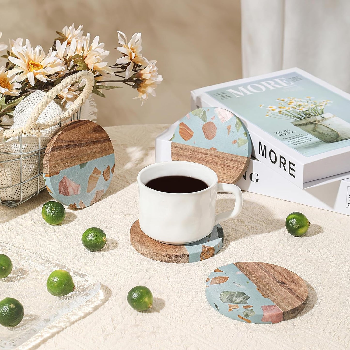 Drink Acacia Wood-Marble Coasters Set of 4,Cup Coaster for Coffee,Beverage,Cute Modern Cool