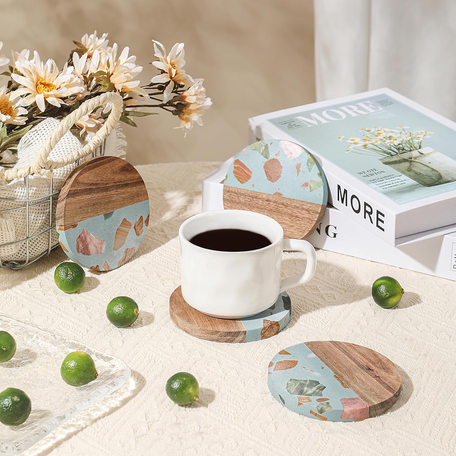 Drink Acacia Wood-Marble Coasters Set of 4,Cup Coaster for Coffee,Beverage,Cute Modern Cool