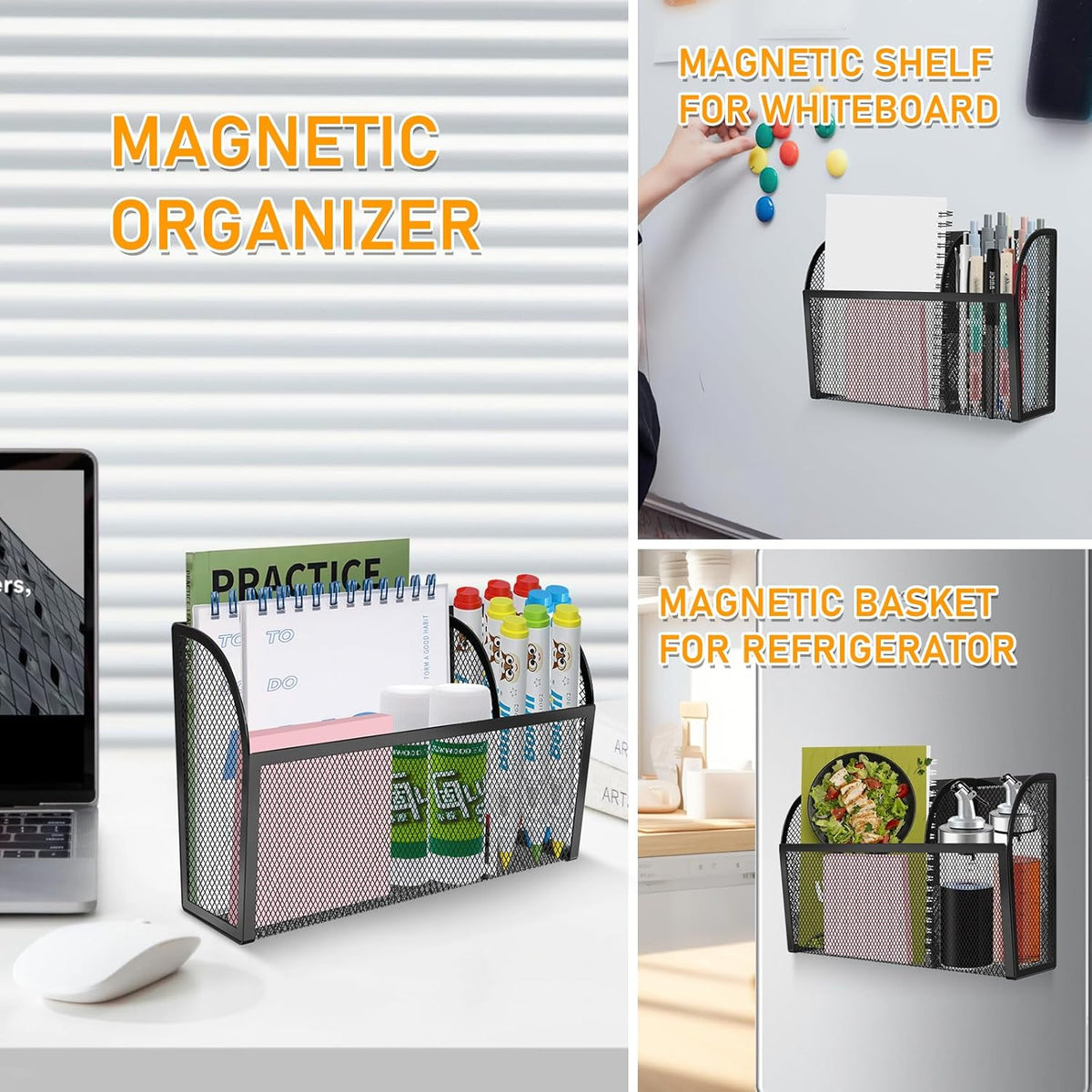 Magnetic Pencil Holder-Magnetic Basket for Fridge 3-Grid Mesh Magnetic Pen Holder for Refrigerator