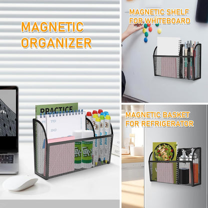 Magnetic Pencil Holder-Magnetic Basket for Fridge 3-Grid Mesh Magnetic Pen Holder for Refrigerator