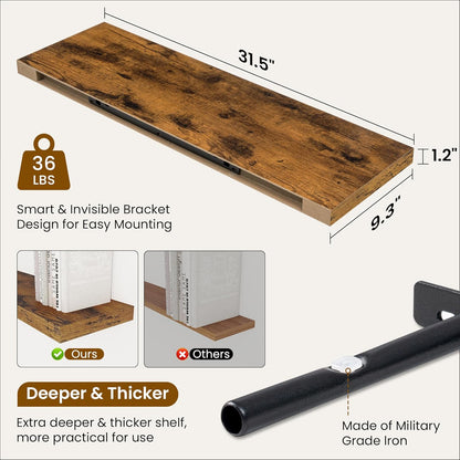 Fun Memories Floating Shelves for Wall, 32 Inch Rustic Wood Wall Mounted Shelves for Bathroom