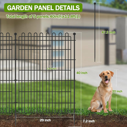 5 Panels No Dig Decorative Garden Fence for Yard, 40 in(H) X 11.8 ft(L) Animal Barrier Fencing for
