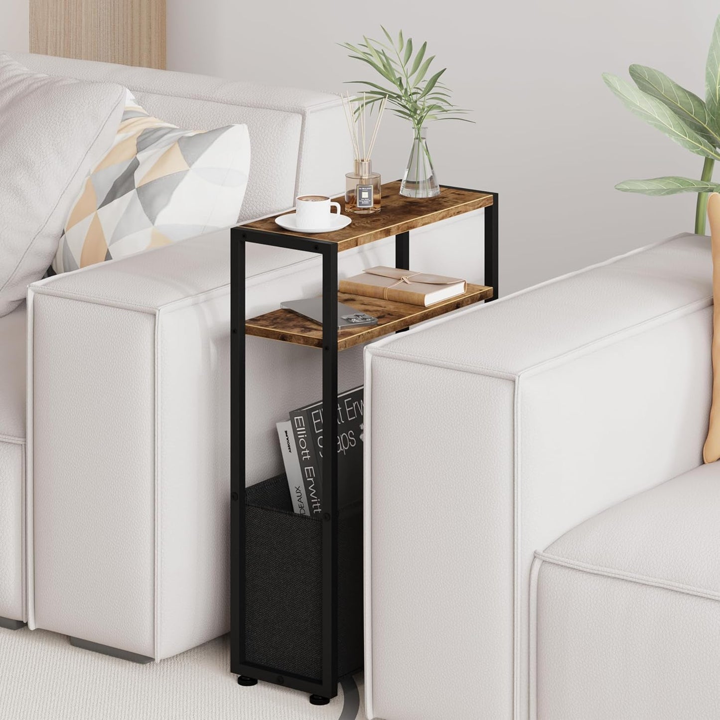 Narrow Side Table, Slim End Tables with Fabric Basket, Skinny Table for Small Spaces, Thin Bedside