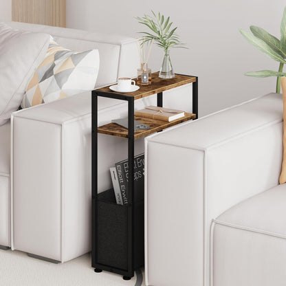 Narrow Side Table, Slim End Tables with Fabric Basket, Skinny Table for Small Spaces, Thin Bedside