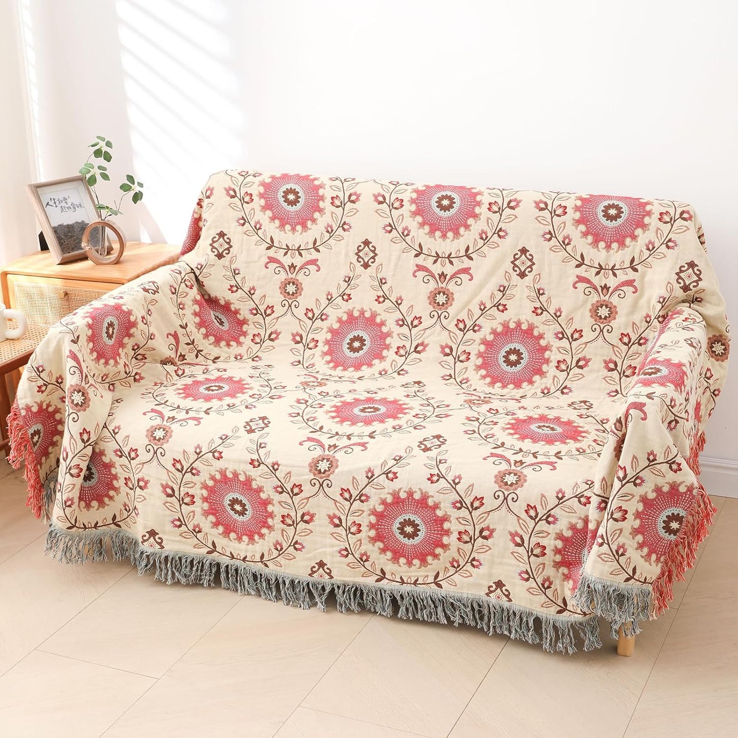 Snycler Boho Throw Blanket for Bed - 100% Cotton Ultra Soft Rustic Quilt - Pink Boho Floral Printed