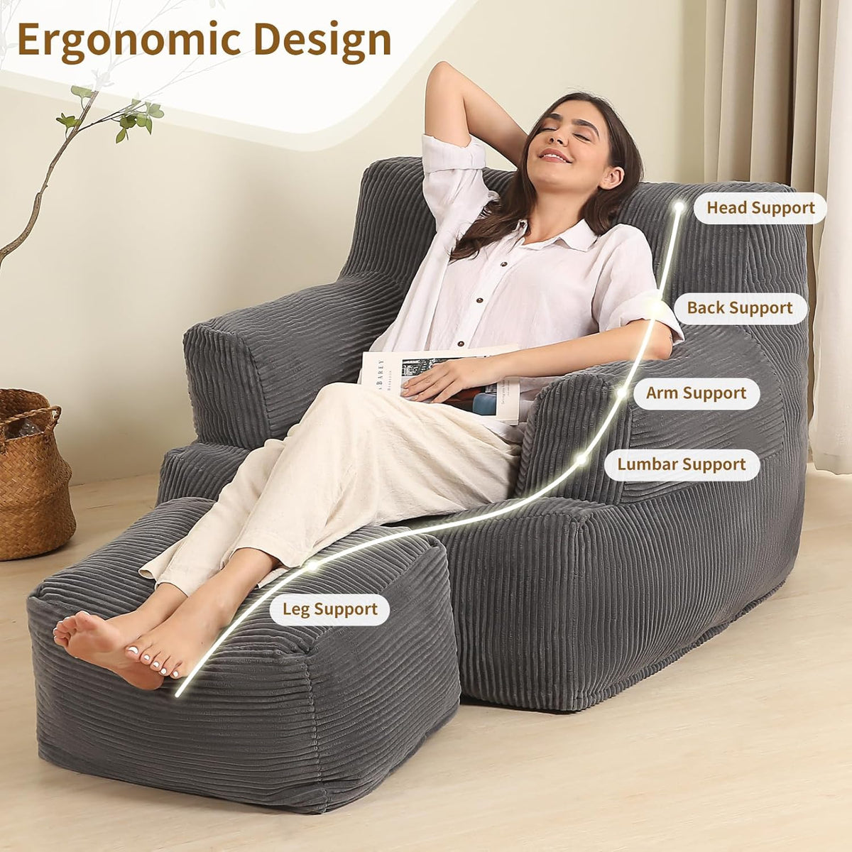 Comfy Gaint Bean Bag Chair with Ottoman, Huge Bean Bag Armchair for Adults and Teens, Dark Grey