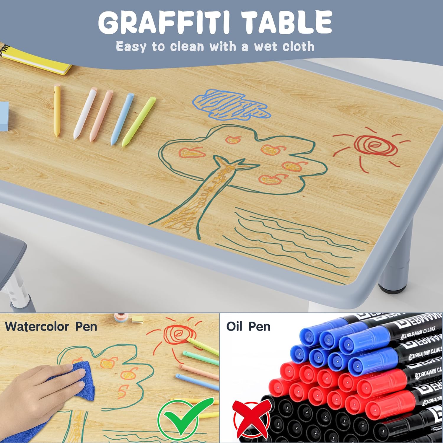 Brelley Kids Table and 6 Chairs Set, Height Adjustable Toddler Desk and Chair Set, Graffiti