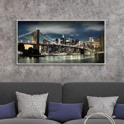 Framed Brooklyn Bridge Wall Art: Large Size New York Cityscape Skylines Night Scene Modern Picture