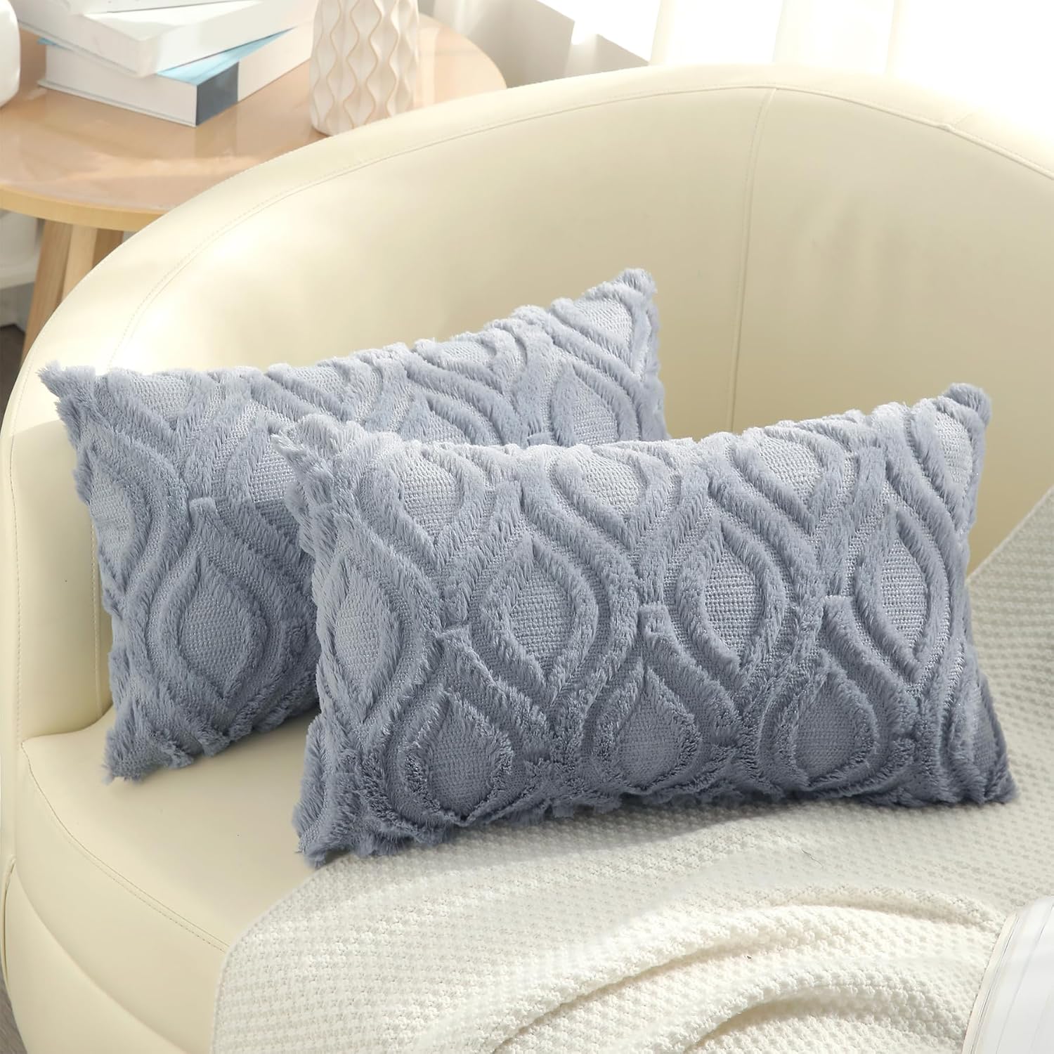 decorUhome Fall Throw Pillow Covers 12x20 Inch Set of 2, Soft Plush Decorative Faux Fur Blue Grey