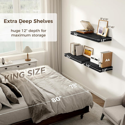 12 Inch Deep Black Floating Shelves, 16 x 12 Floating Shelf for Books, Rustic Wood Deep Wall
