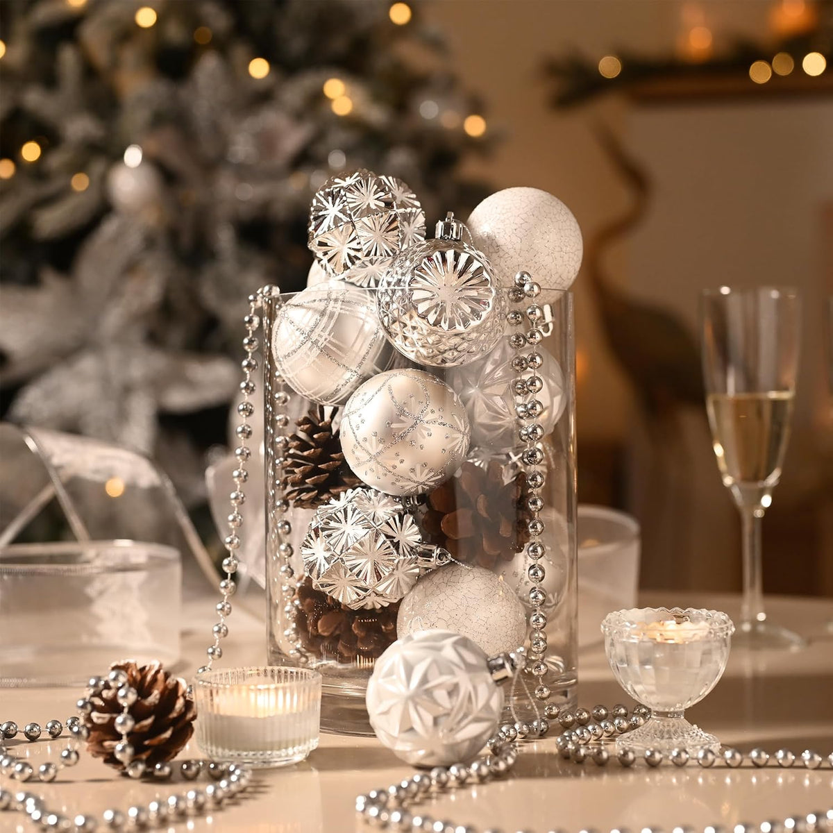 Valery Madelyn Ornaments for Christmas Trees, 16ct 2.36 Inches White and Silver Shatterproof