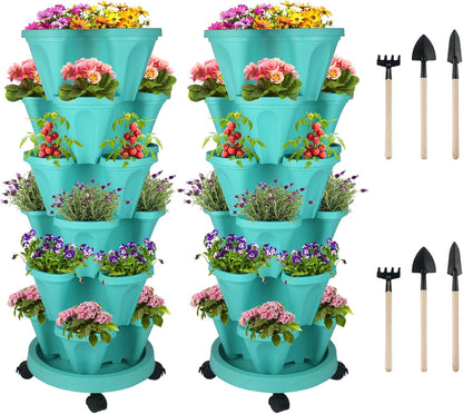 DUNCHATY Stackable Planter, Vertical Garden Planter with Wheels and Tools, Self Watering Strawberry