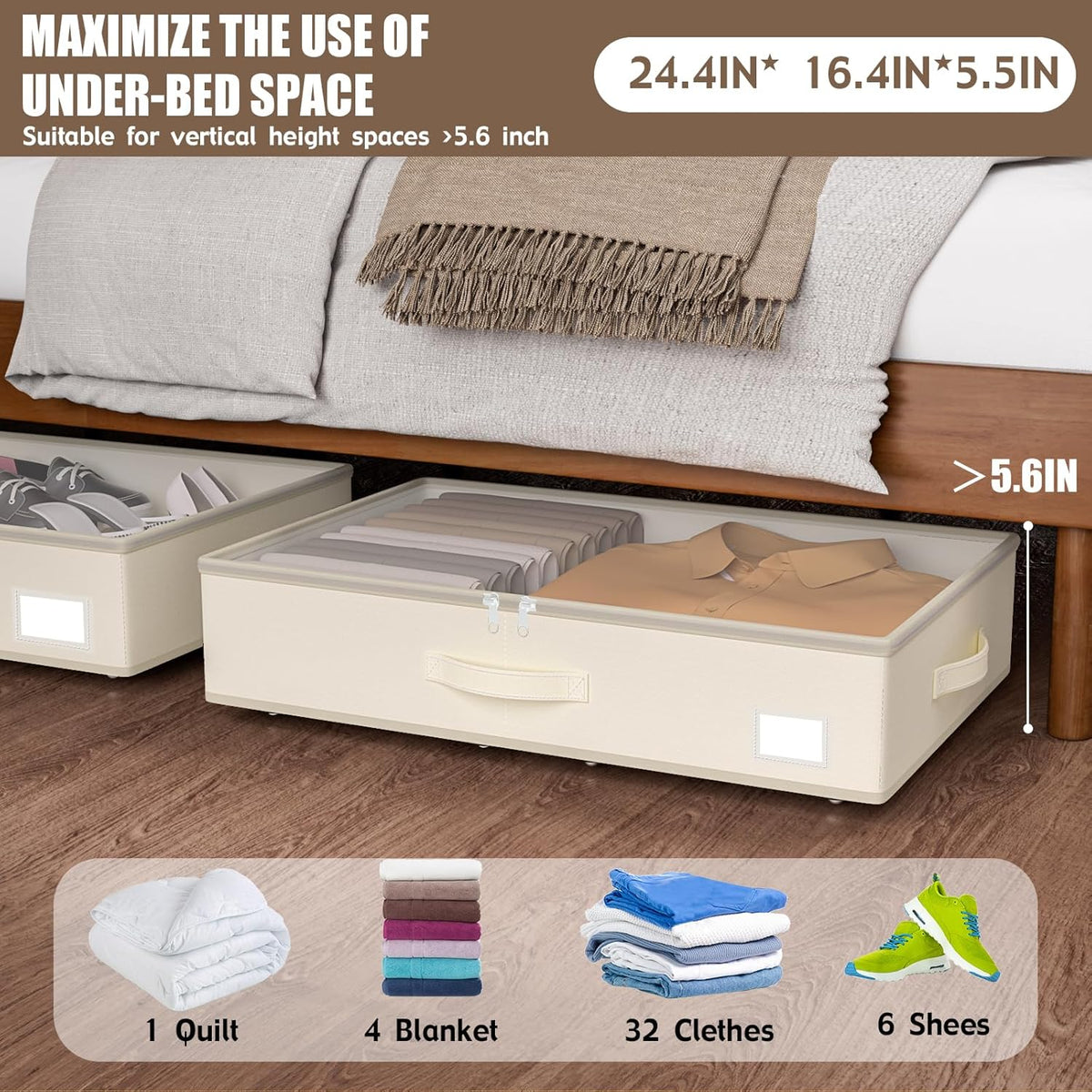 Under Bed Storage with Wheels, No Assemble Required 5.5 inches height beige under bed storage