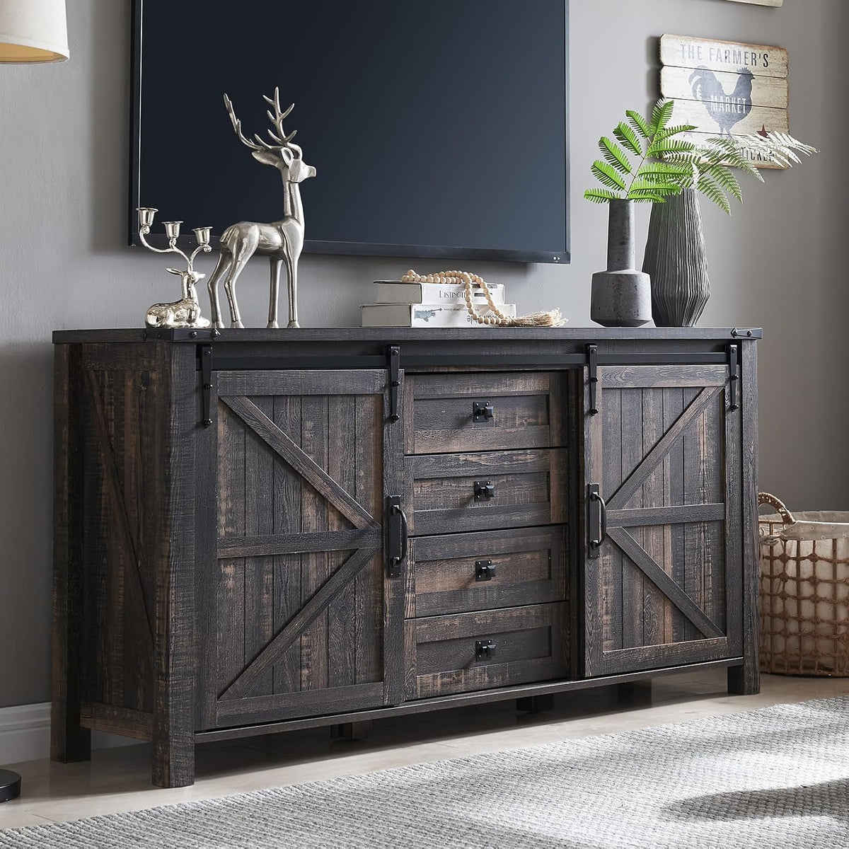 T4TREAM 60'' Farmhouse Dresser Chests for Bedroom w/4 Drawers & Sliding Barn Doors, Wide Dresser TV