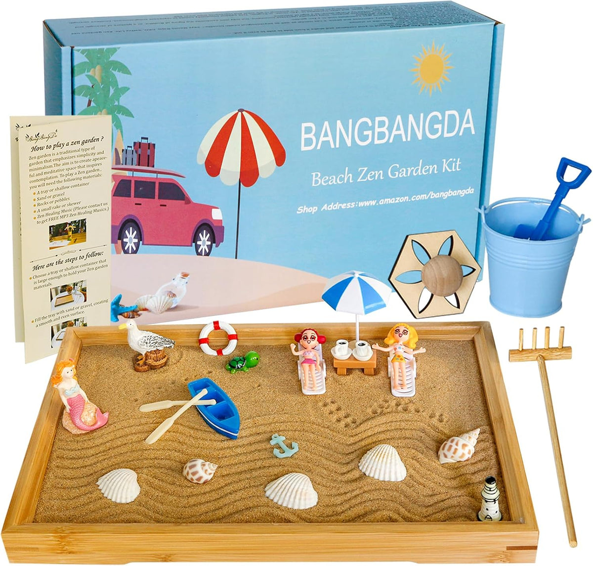 Desktop Miniature Beach Zen Garden - Mini Home Office Tabletop Sandbox Bamboo Rakes Stamps Tray