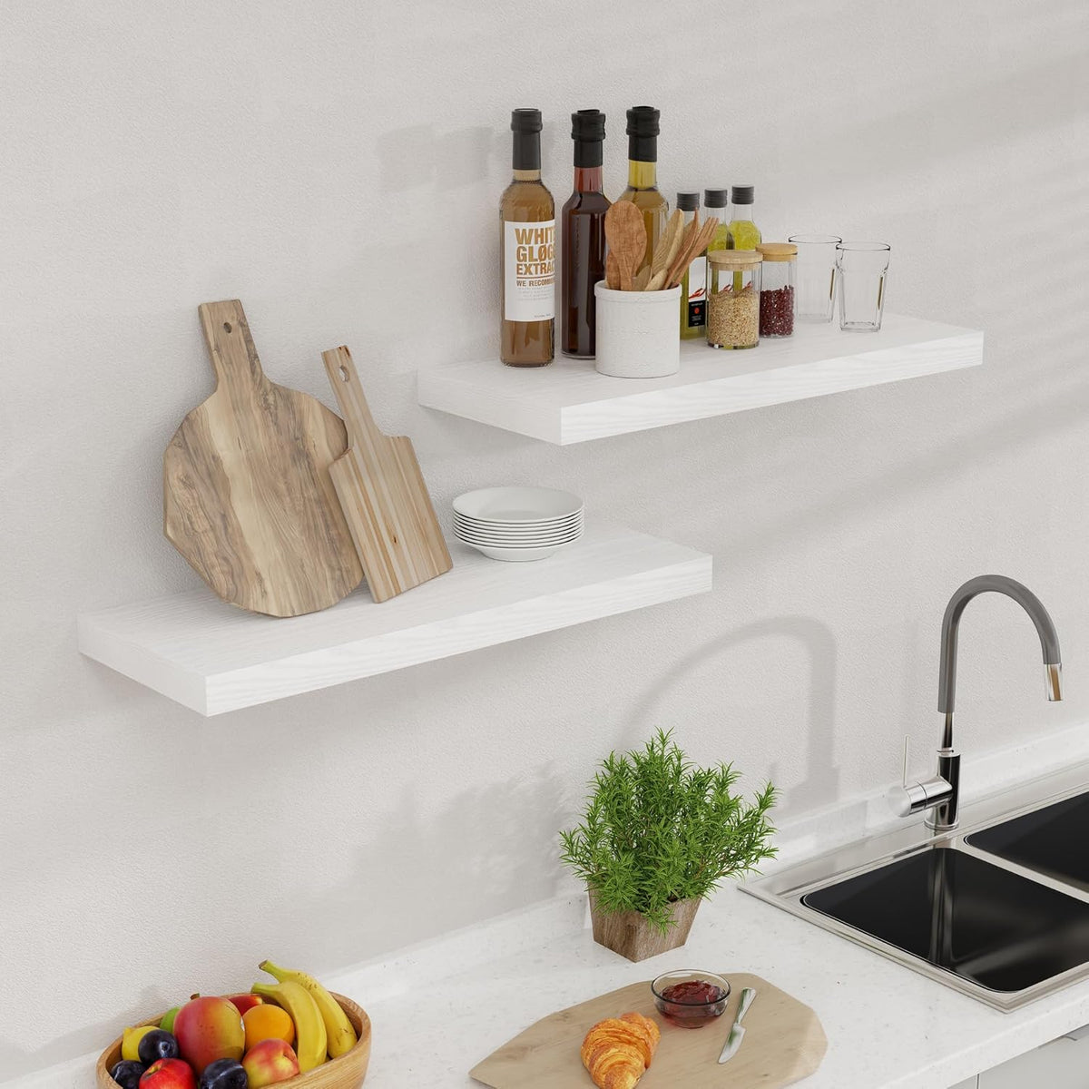 24 Inch Floating Shelves, Rustic 24 x 9 White Floating Shelf for Wall, White Bathroom Shelves Set