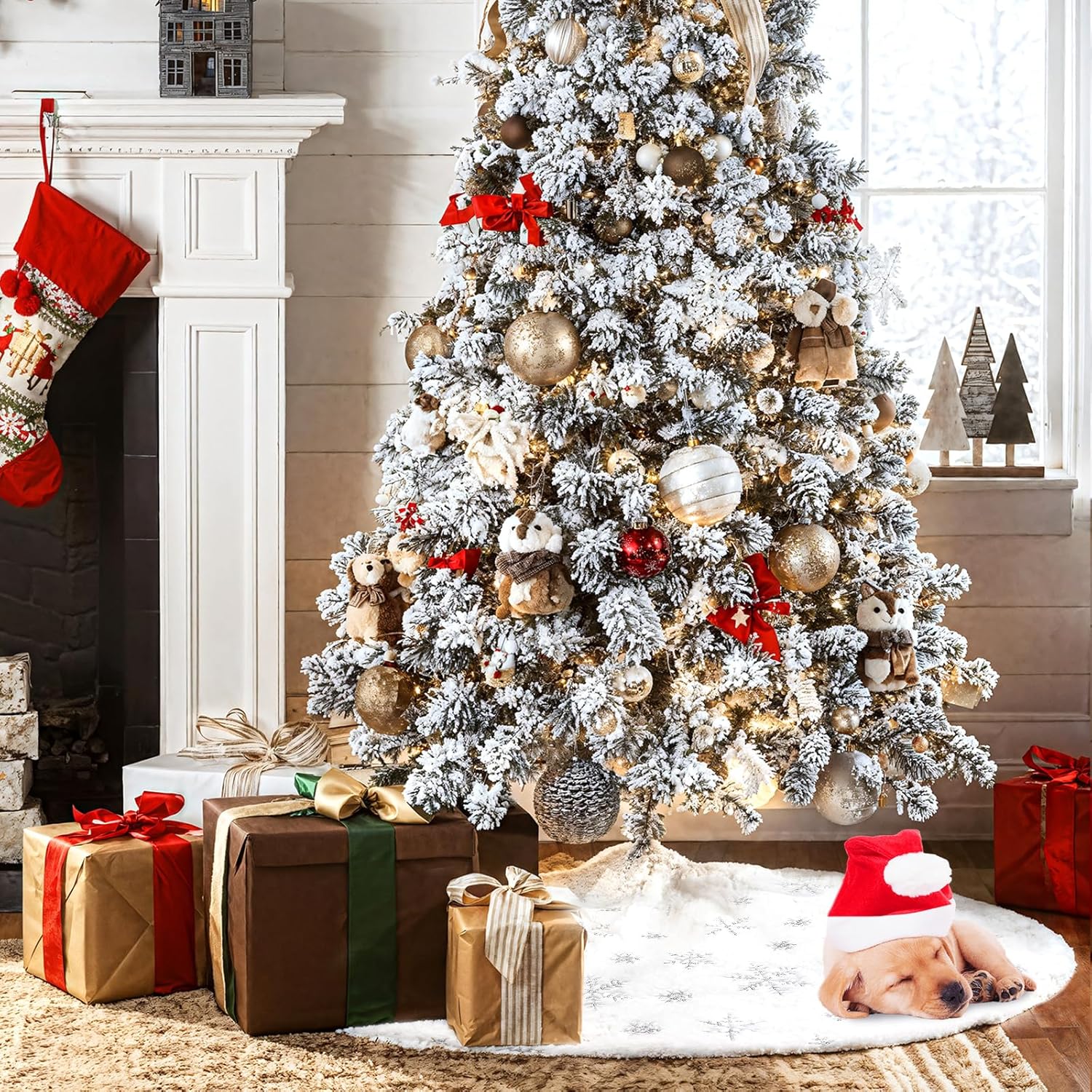 Christmas Tree Skirt 48 Inch, Holiday Part Decorations for Christmas Tree, Whit Plush Sliver Sequin