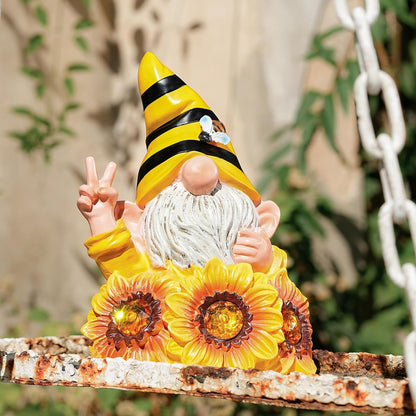Garden Sculptures & Statues Resin Summer Bee Gnome with Sunflower, Outdoor Funny Decoration Solar