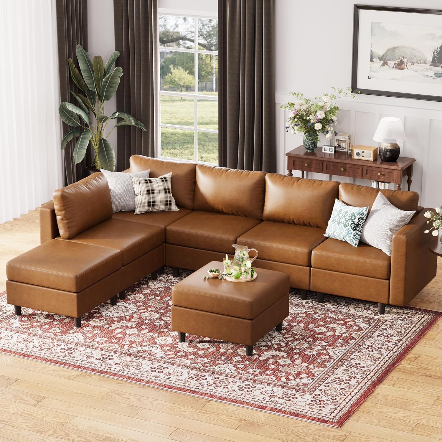 118.5" Faux Leather Modular Sectional Sofa, L Shaped Couch Set for Living Room, 7-Seater Comfy
