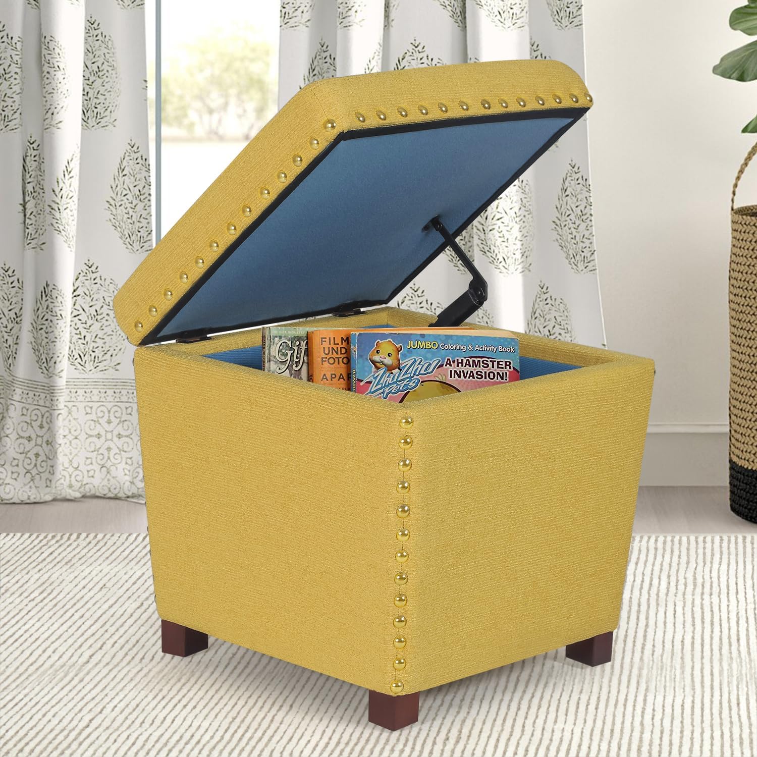 Adeco Square Storage Ottoman with Hinged Lid, Modern Accent Bench Footrest Stool, Coffee Table for